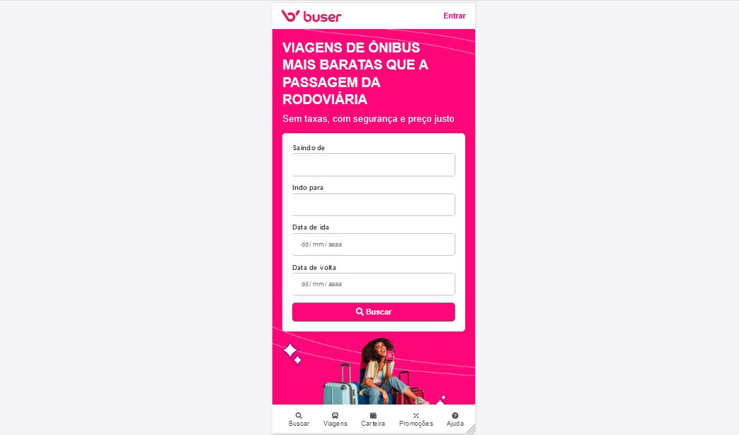 Tela inicial no formato mobile de um app de viagens de ônibus.